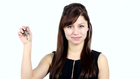 Young-Girl-Showing-House-Keys,-White-Background