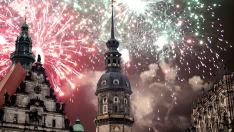 Hofkirche-or-Cathedral-of-Holy-Trinity-and-holiday-fireworks---baroque-church-in-Dresden,-Sachsen,-Germany