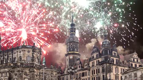 Hofkirche-or-Cathedral-of-Holy-Trinity-and-holiday-fireworks---baroque-church-in-Dresden,-Sachsen,-Germany