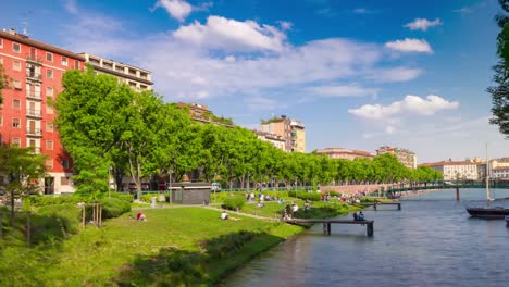 Italy-sunny-day-milan-city-famous-canal-bay-panorama-4k-timelapse