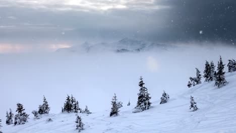 Nieve-que-cae-en-una-montaña-del-invierno-con-nieve-cubierto-árboles