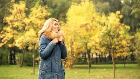 Lady-wearing-stylish-coat-freezing-while-waiting-for-boyfriend,-autumn-scene