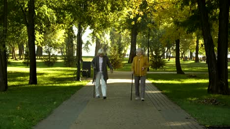 Two-happy-senior-women-walking-in-park,-nursing-home-for-elderly-people,-leisure