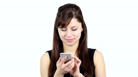 Young-Girl-Using-Smartphone,-White-Background