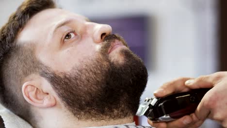 Barber-cuts-beard-of-customer-in-barbershop