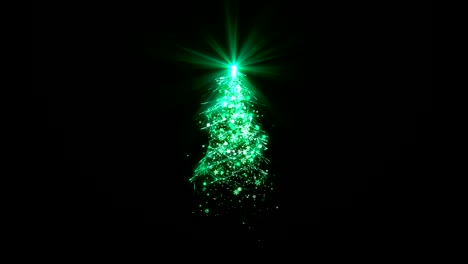 Christmas-tree-with-green-shining-lights,-falling-snowflakes-and-stars-looped-on-black-background-for-decoration-or-overlay