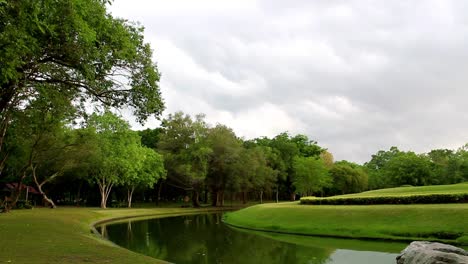 Clouds-in-the-sky-moving-and-windy-across-swaying-grass-and-trees-in-the-city-park-the-landscape-and-going-to-start-raining-soon.