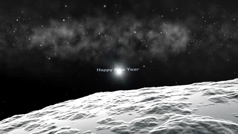 Fly-over-snow-white-landscape-surface,-space-nebula-star-field-background,-The-particle-merges-into-a-Happy-new-year