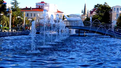 Musical-Fountains-in-the-park-on-the-embankment-of-Batumi,-Georgia.-Slow-Motion