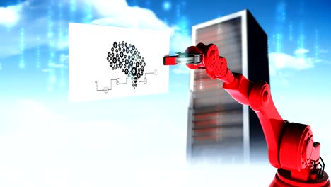 Digitally-generated-video-of-red-robotic-arm-holding-card-with-diagram-of-machine