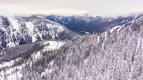 Stevens-Pass-Winter-Scene-Snowing-Timelapse-Aerial-Flying-Towards-Ski-Resort-Mountain