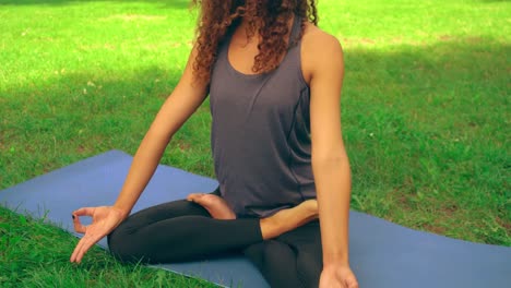 Kaukasische-Mädchen-tun-Yoga-Asana-im-park