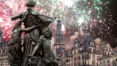 Sculpture-on-the-Bruhl-Terrace-and--Hofkirche-or-Cathedral-of-Holy-Trinity-and-holiday-fireworks---baroque-church-in-Dresden,-Sachsen,-Germany