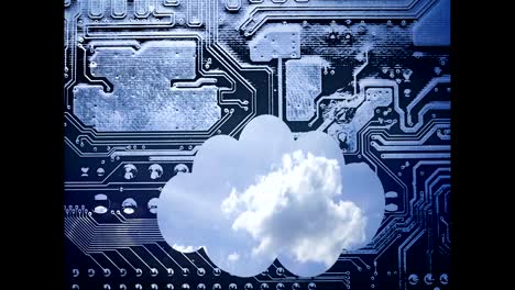 Cloud-computing-konzeptionelle-Video.-Tiefblauer-Himmel-mit-Wolken-Zeit-Runden-in-einer-Wolke-auf-einer-Leiterplatte-Hintergrund.-Die-Silhouette-der-Cloud-befindet-sich-unten,-um-Freiraum-darüber-für-Ihren-Text-zu-verlassen.