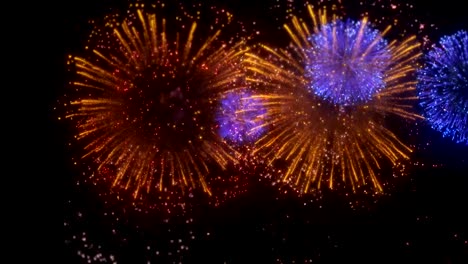Hermosa-decoración-rojo-azul-oro-en-cielo-negro-fondo-de-bucle-sin-interrupción-de-composición-de-pantalla-de-fuegos-artificiales-para-cumpleaños,-aniversario,-celebración,-fiesta,-año-nuevo,-fiesta,-celebraciones,-invitación