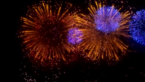 Schöne-blau-rot-Goldene-Dekoration-am-schwarzen-Himmel-Firework-Display-Zusammensetzung-nahtlose-Schleife-Hintergrund-für-Geburtstag,-Jubiläum,-Feier,-Feiertag,-Neujahr,-Party,-feiern,-Einladung