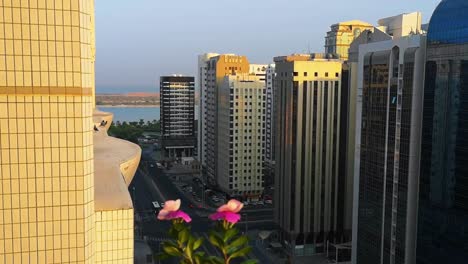 Un-hermoso-atardecer-en-la-ciudad.-relajante-vista-desde-un-balcón-con-hermosas-flores-y-aves