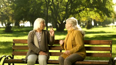 Dos-viejos-amigos-hablando-y-riendo-sentado-en-Banco-de-parque,-la-edad-de-jubilación