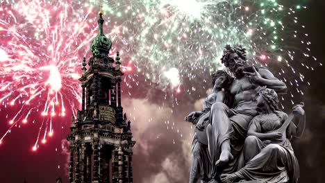 Sculpture-on-the-Bruhl-Terrace-and--Hofkirche-or-Cathedral-of-Holy-Trinity-and-holiday-fireworks---baroque-church-in-Dresden,-Sachsen,-Germany