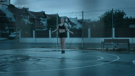 Hermosa-chica-Fitness-deportivo-Top-deportivo-negro-y-pantalones-cortos-es-saltan/salto-de-cuerda.-Ella-está-haciendo-un-entrenamiento-en-una-cancha-de-baloncesto-al-aire-libre-cercado.-Vista-desde-detrás-de-la-valla.-Noche-después-de-la-lluvia.