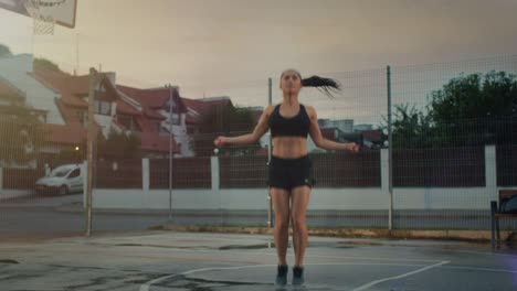Hermoso-gimnasio-energética-chica-saltando/saltar-cuerda.-Ella-está-haciendo-un-entrenamiento-en-una-cancha-de-baloncesto-al-aire-libre-cercado.-Tomas-por-la-tarde-después-de-la-lluvia.