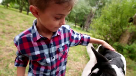 Male-Child-stroking-his-pet-friend,-a-crossbreed-puppy-dog