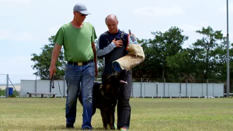 Schäferhund-zu-Fuß-mit-seinem-Besitzer-und-Trainer-4k