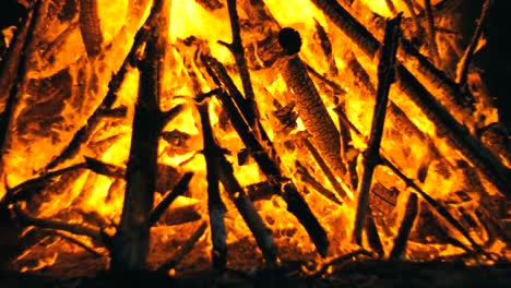 Großes-Lagerfeuer-aus-Zweigen-brennen-in-der-Nacht-im-Wald