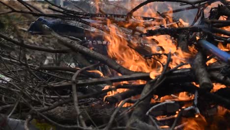 Orange-color-fire-flame-with-gray-and-black-color-smoke-from-burning-sticks