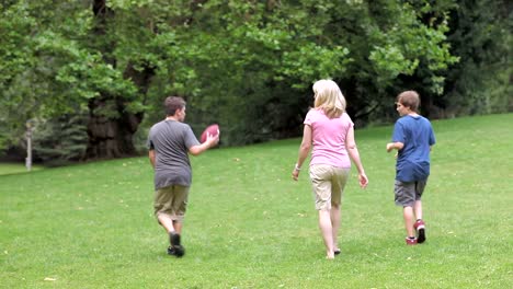 Zwei-Jungs-im-Teenageralter-Spaziergang-in-einem-Park-mit-ihrer-Mutter.