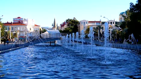 Musical-Fountains-in-the-park-on-the-embankment-of-Batumi,-Georgia.-Slow-Motion