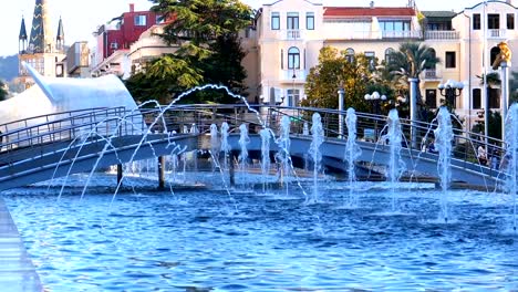 Musical-Fountains-in-the-park-on-the-embankment-of-Batumi,-Georgia.-Slow-Motion