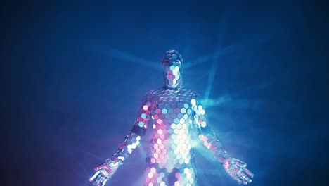 Someone-making-yoga-fitness-exercise-in-futuristic-mirror-suit-under-neon-lights.-Future-concept.-Authentic-shot