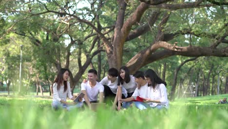 Sechs-Studenten-treffen-Hausaufgaben-zusammen.-Menschen-treffen-im-Park-im-freien-Team.-Mann-und-Frau-mit-Laptop-Computer.-Konzept-der-Bildung,-Teamarbeit,-lernen,-Informationen,-wissen-und-Forschung.