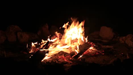 Hoguera-quema-de-árboles-por-la-noche.-Fogata-ardiendo-brillantemente,-calor,-luz,-camping