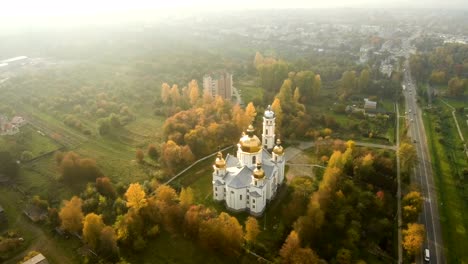 Aerial-view-from-Drone:-Beautiful-view-of-the-church-in-the-sun.