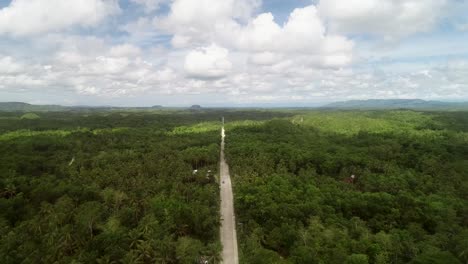 Camino-vista-aérea-cruzando-el-complejo-de-colinas-de-Chocolate,-Batuan,-Filipinas.