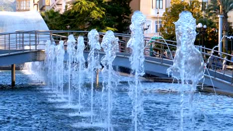 Musical-Fountains-in-the-park-on-the-embankment-of-Batumi,-Georgia.-Slow-Motion