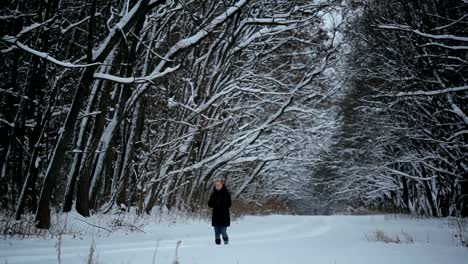 Junge-Frau-verlor-seinen-Weg-in-den-Wäldern-im-Winter.