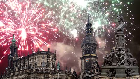 Sculpture-on-the-Bruhl-Terrace-and--Hofkirche-or-Cathedral-of-Holy-Trinity-and-holiday-fireworks---baroque-church-in-Dresden,-Sachsen,-Germany