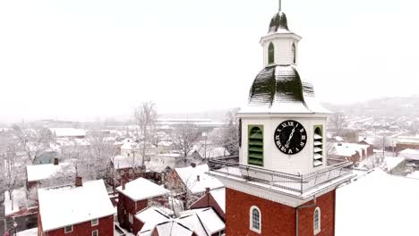 Aerial-Winter-Establishing-Shot-Old-Economy-Village-Church