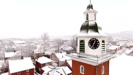 Aerial-Winter-Establishing-Shot-Old-Economy-Village-Church