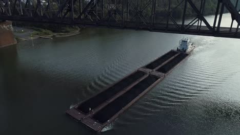 Kohle-Lastkahn-reist-am-Ohio-River-unter-Eisenbahnbrücke