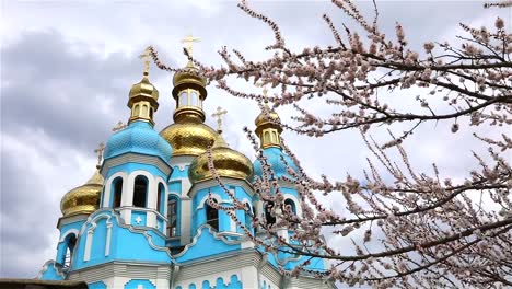 Orthodox-temple,-Clouds-above-the-temple,-golden-domes,-Timelapse,-exterior,-a-view-from-below,-View-through-the-branches-of-a-flowering-tree,-spring-landscape,-Blooming-tree