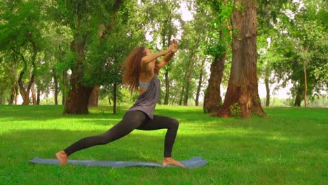 schlanke-Frau-tun-Asana-Krieger-Pose-im-park