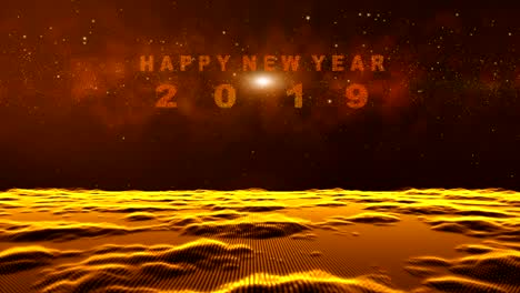 Digital-abstract-particles-form-grid-lines,-Fly-over-gold-landscape-surface,-space-nebula-starfield-background,-The-particle-merges-into-a-Happy-new-year-2019