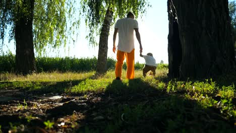 Chico-lindo-encontrar-algo-en-la-hierba-mientras-camina-con-el-padre-a-través-del-parque-en-día-soleado-de-verano.-Papá-joven-y-pequeño-hijo-pasar-tiempo-juntos-al-aire-libre.-Vista-de-ángulo-bajo-lenta-de-cerca