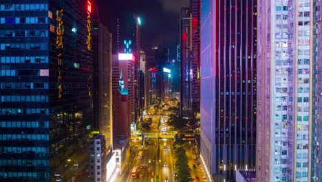 Nacht-Beleuchtung-wan-Chai-Verkehr-Straße-sperren-Luft-Zeitraffer-4k-Hongkong