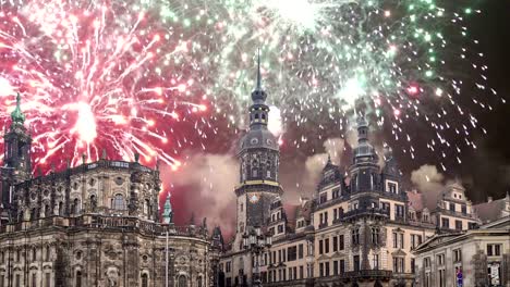 Hofkirche-or-Cathedral-of-Holy-Trinity-and-holiday-fireworks---baroque-church-in-Dresden,-Sachsen,-Germany