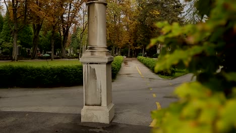 View-on-green-ivy-leaves-and-beautiful-empty-Mirogoj-cemetery-park,-nature